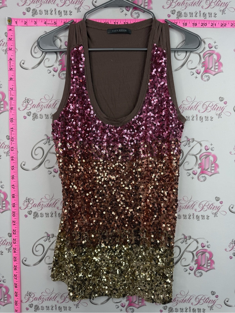 Suzy Shier tank top sequins sparkly ombré shirt Pink to Gold Sequin Ombre Tank